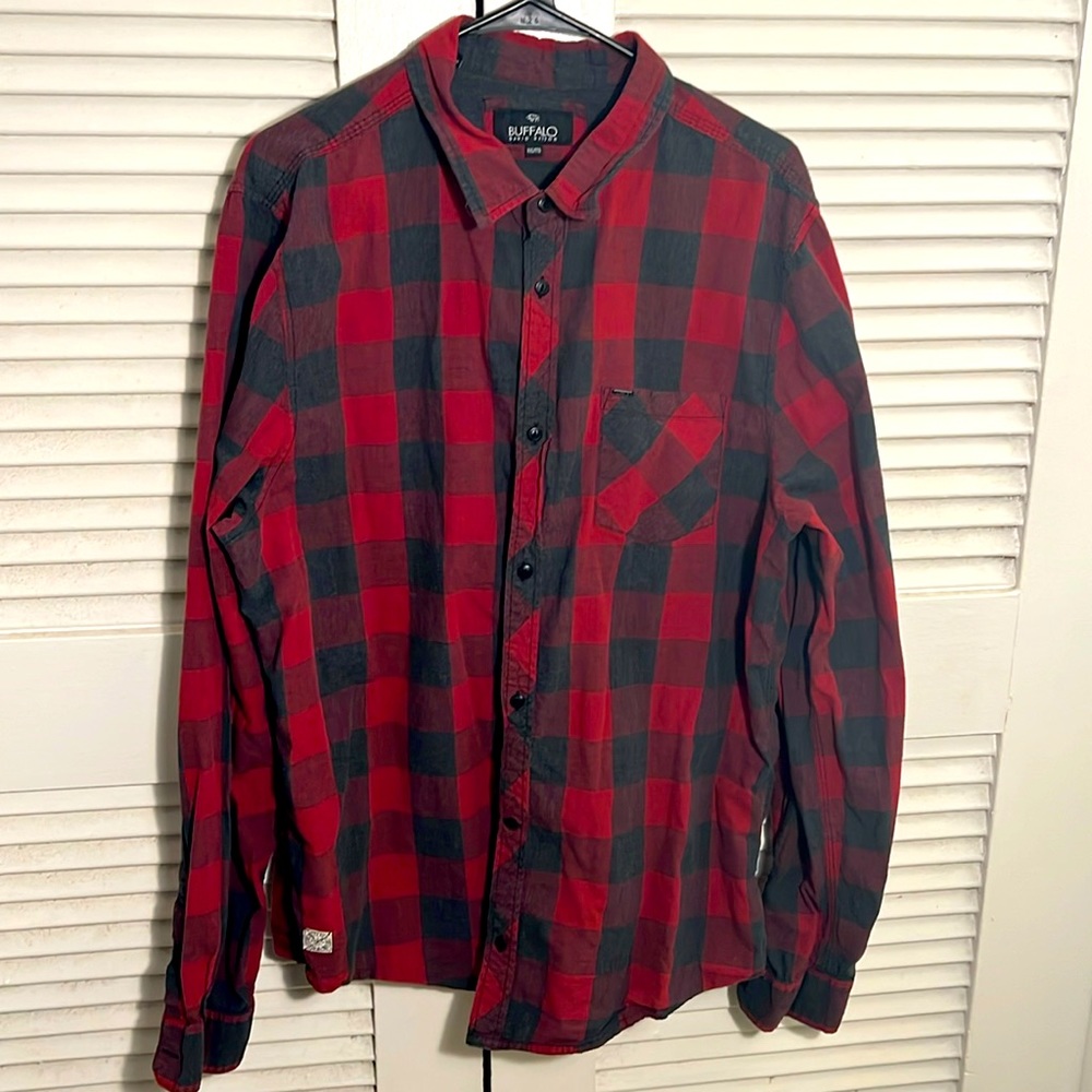 Men’s Buffalo David Bitton 100% Cotton Red & Dk Gray Long Sleeve Plaid Shirt XL